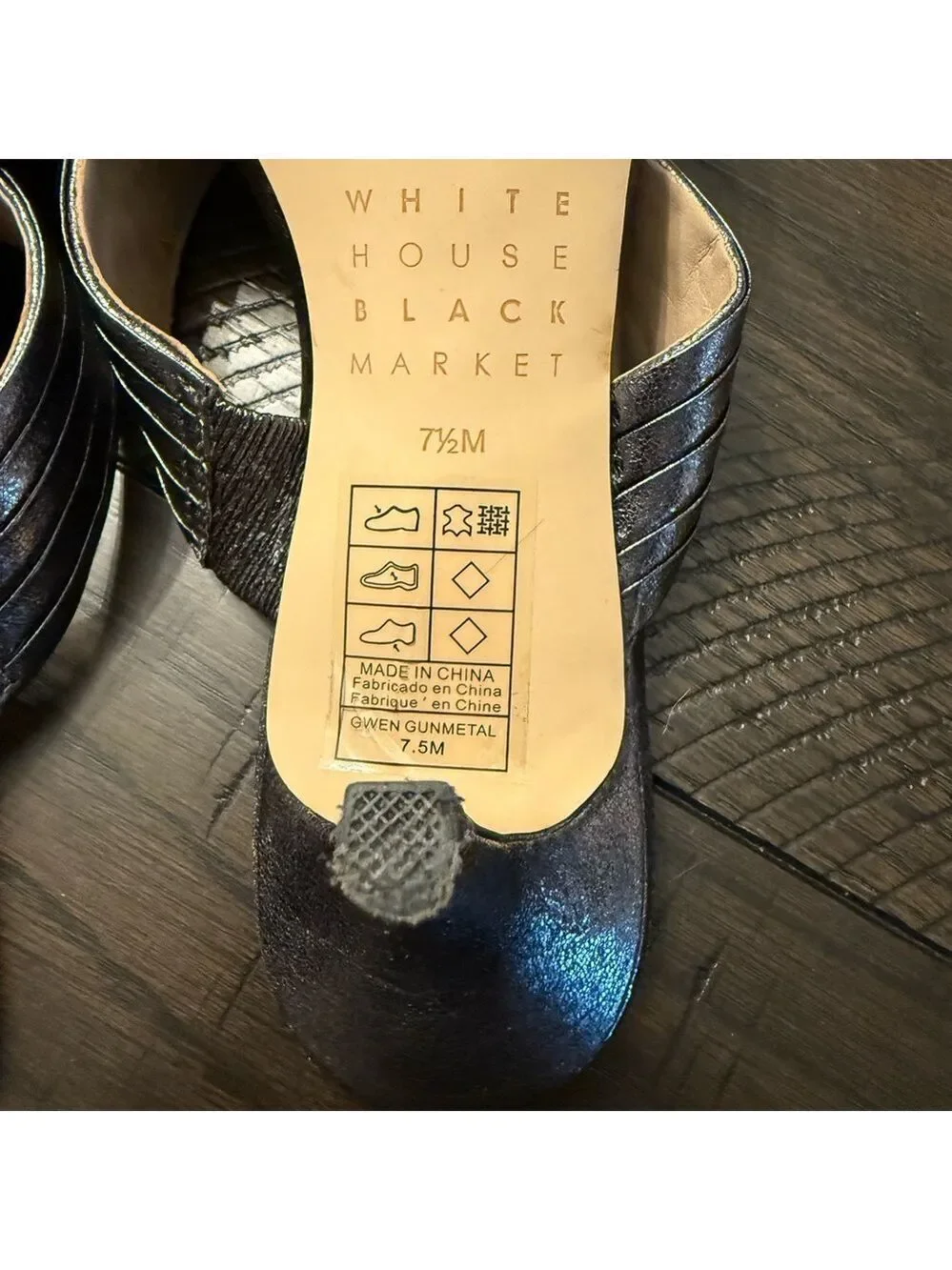 White House, black market gunmetal, Heeled Mules 7.5 excellent condition.